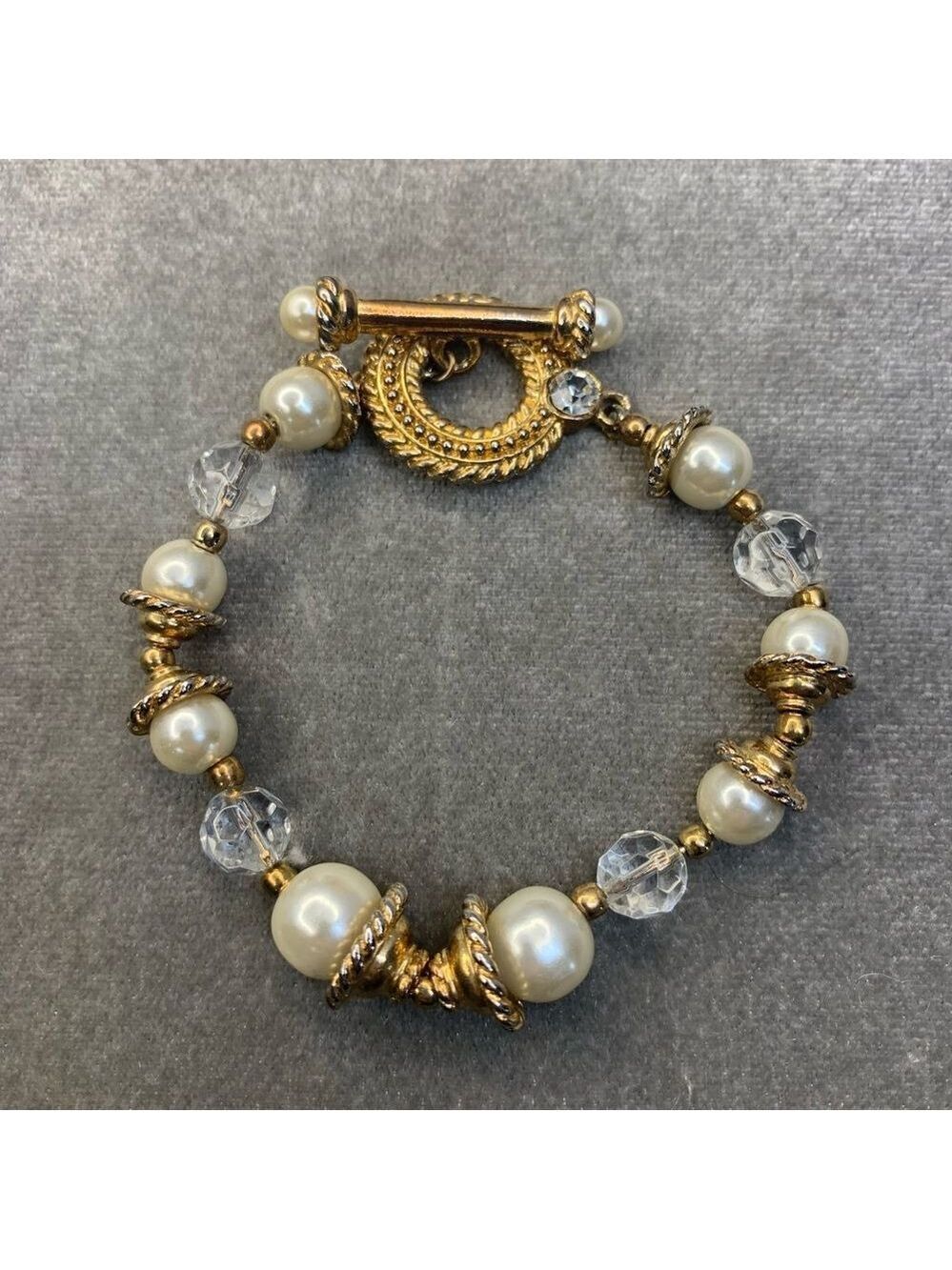 Faux pearl clear beaded gold tone bracelet